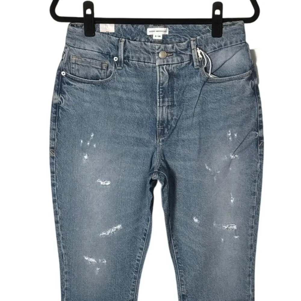 NWT Good American‎ Good Classic High Rise Distressed Jeans Medium Wash Sz 6/28